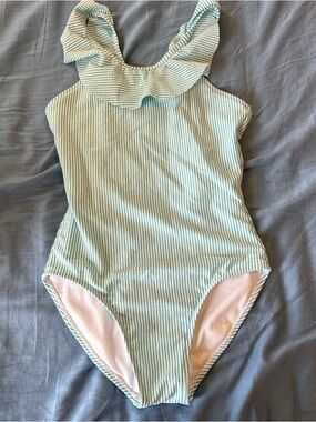 Cat & Jack Teal and White Striped One-Piece Swimsuit with Ruffle Trim